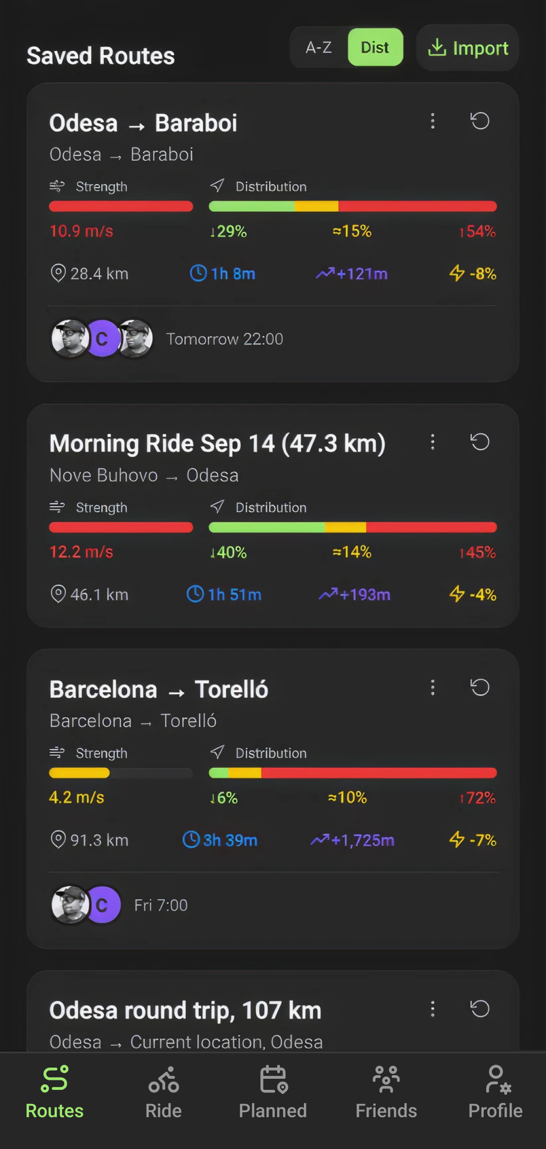 Saved routes with riders avatars