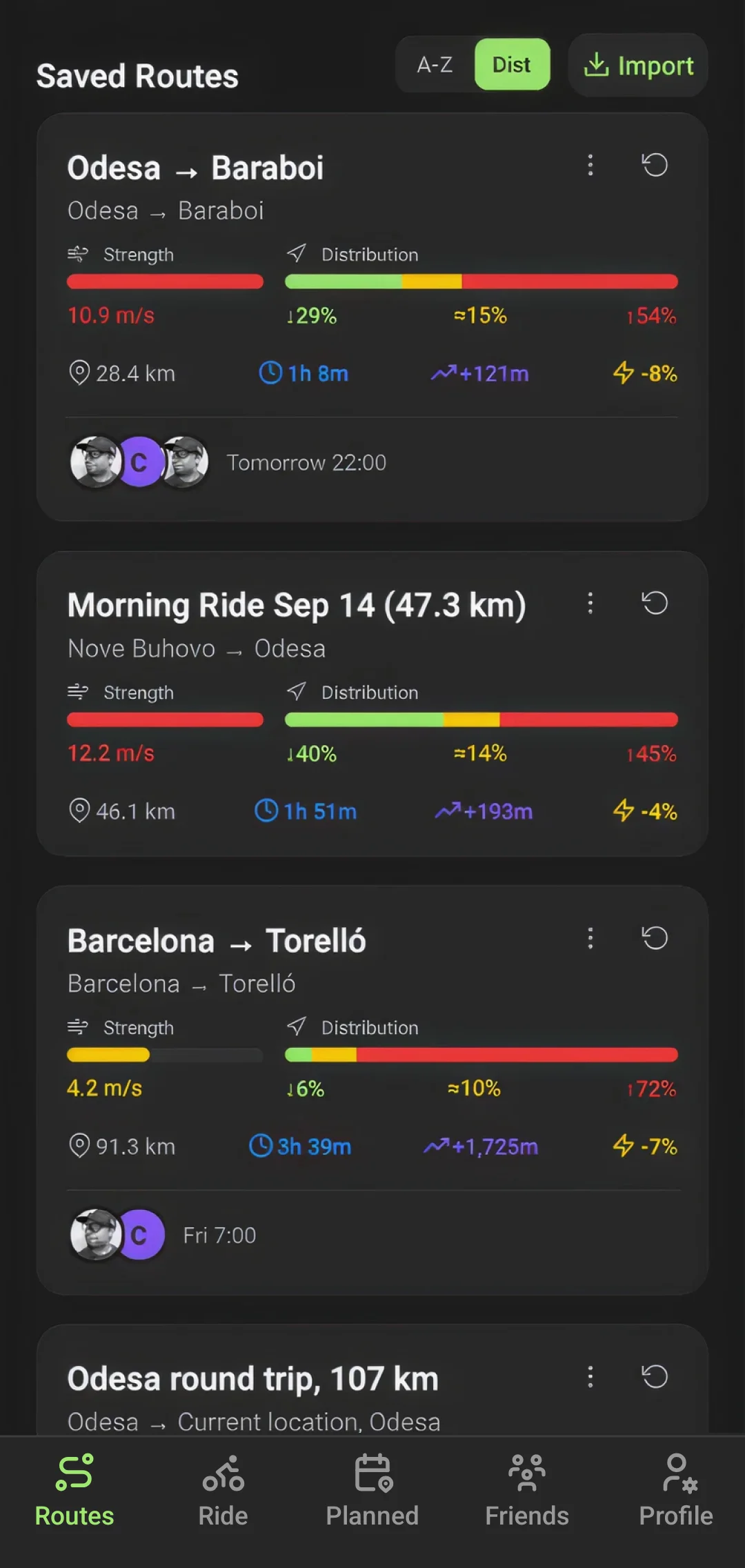 Saved routes with riders avatars