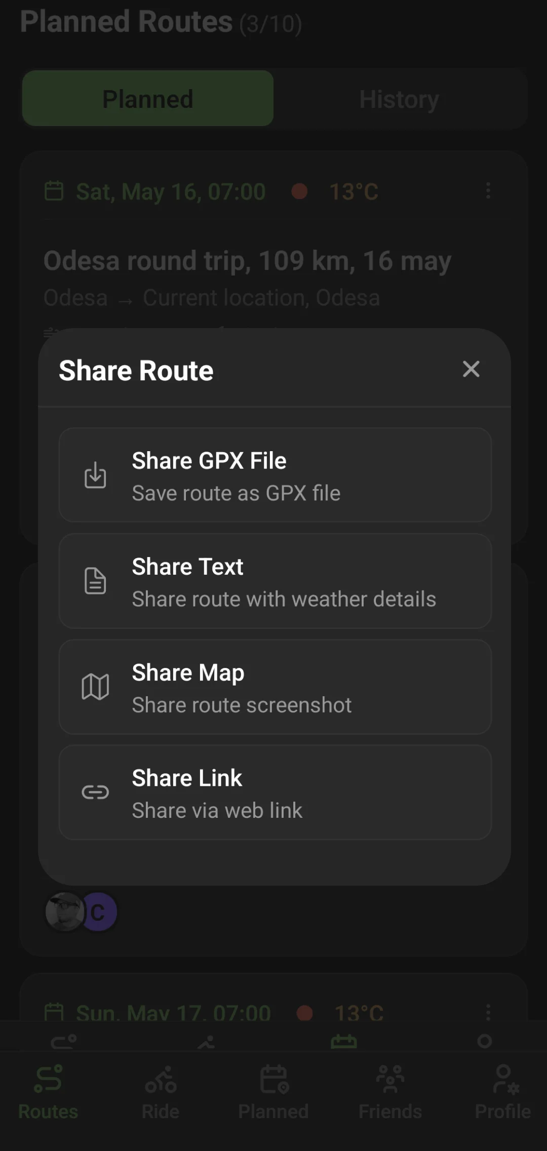 Saved routes with riders avatars